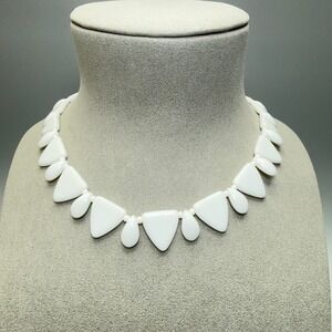 White Milk Glass Bead Necklace 16" Choker Geometric Summer Fun Statement